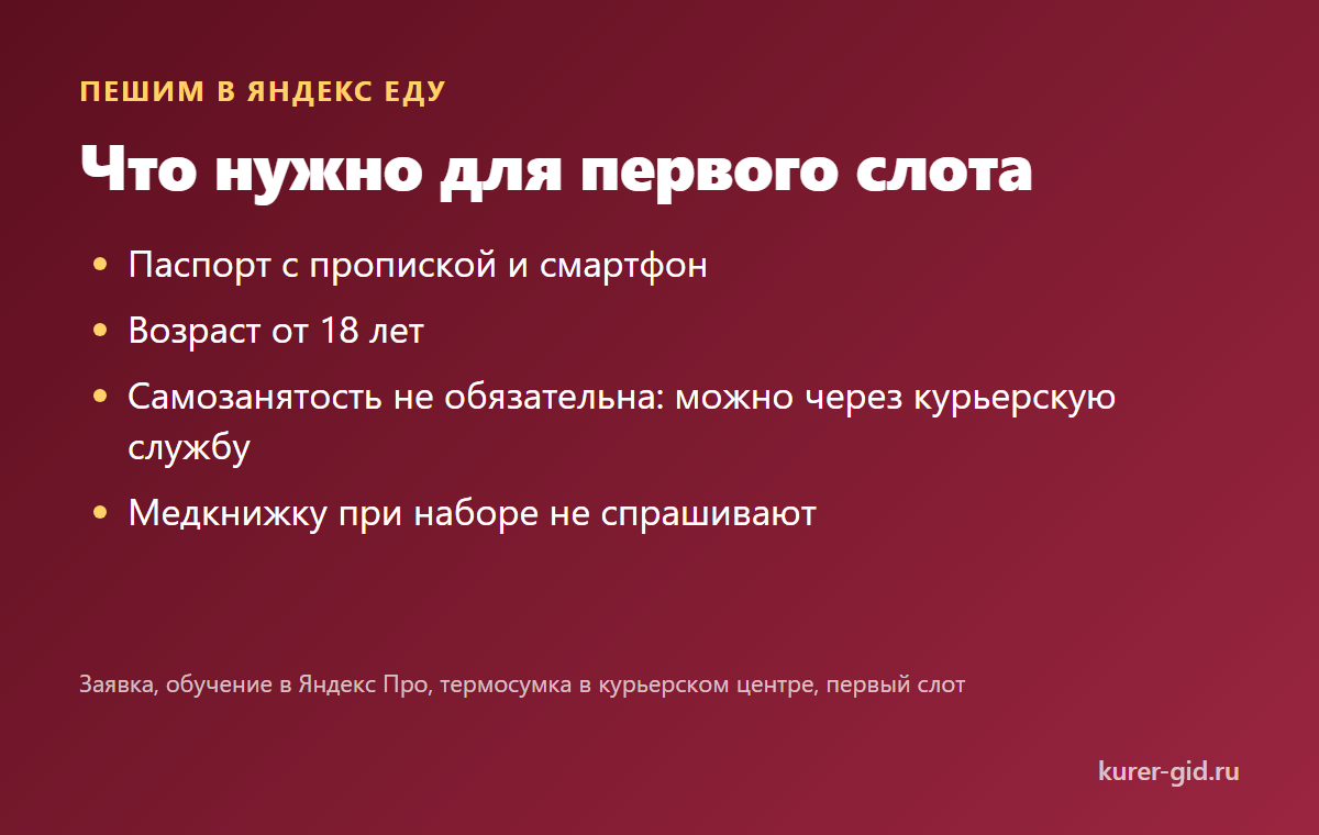 Что нужно пешему курьеру для первого слота в Яндекс Еде
